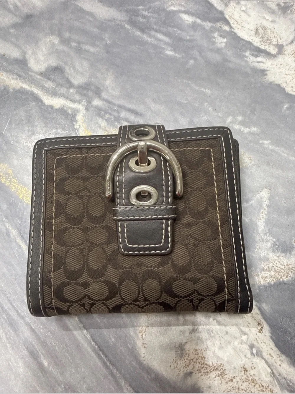 Coach Y2K Dark Brown Signature Canvas Soho Silver Tone Buckle Small Mini Wallet - Picture 1 of 14